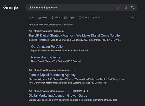 Google search for digital marketing agency