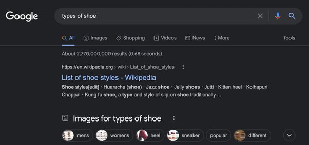 Google search for type of shoe