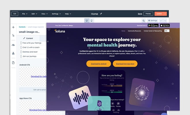 Soluna website and showing Hubspot CMS