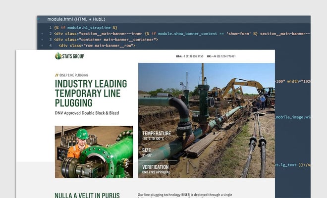 STATS Group landing page design showing Hubspot HubL code behind