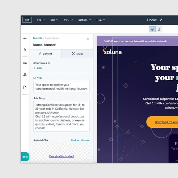 Hubspot page editor on Soluna website