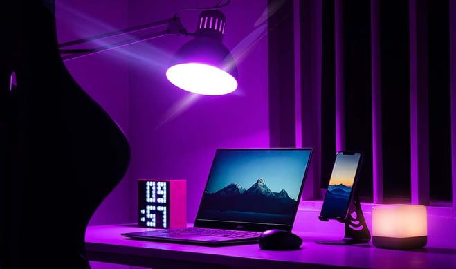 Desk with purple lighting