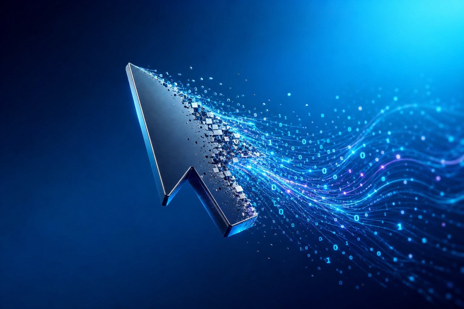 3D mouse cursor dissolving into AI data stream