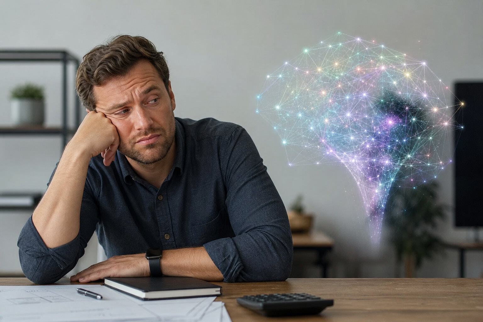 Unimpressed man sitting at his desk looking at an AI buzzwords hologram