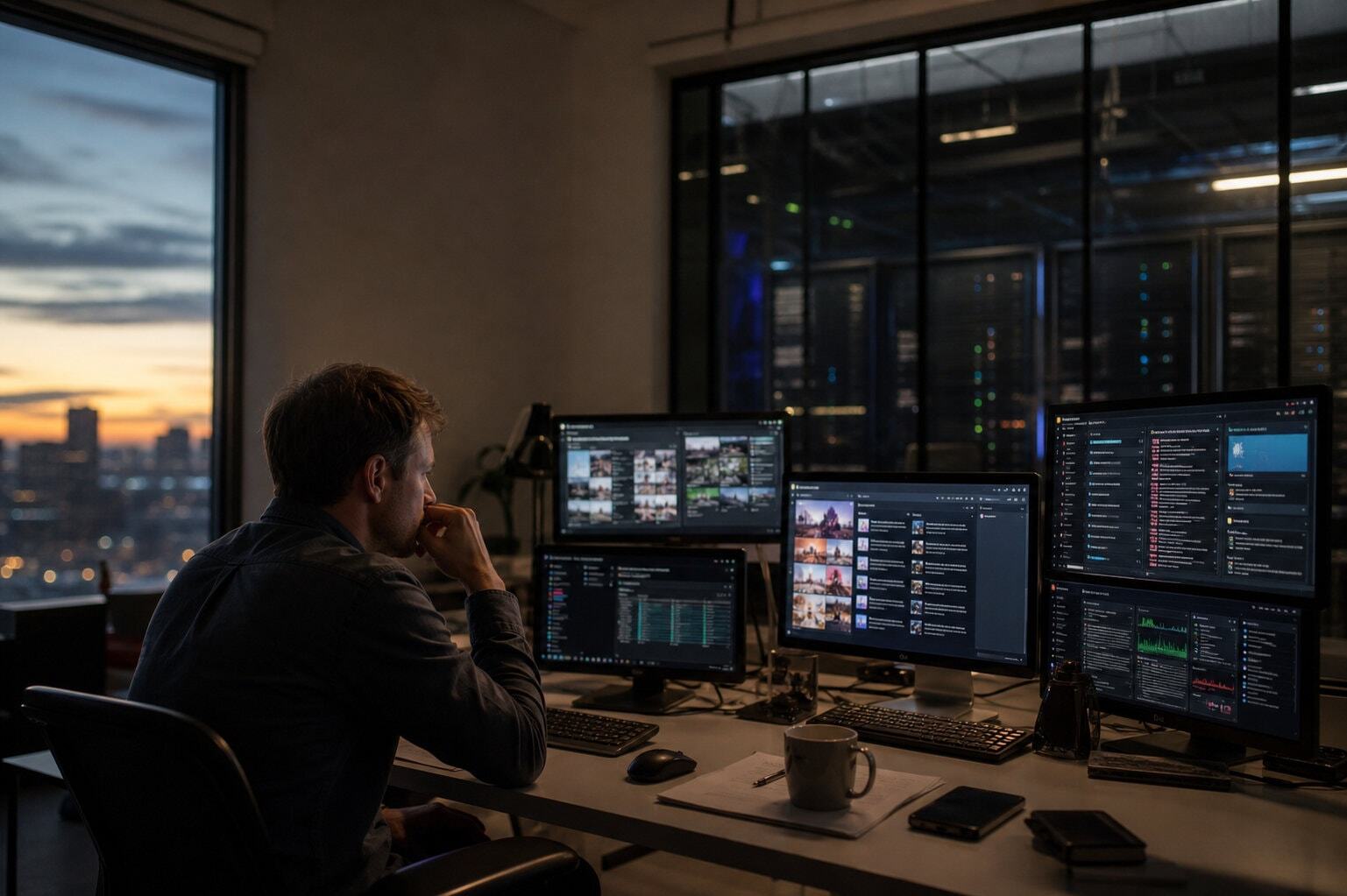 Content creator working late into the night in the editing room