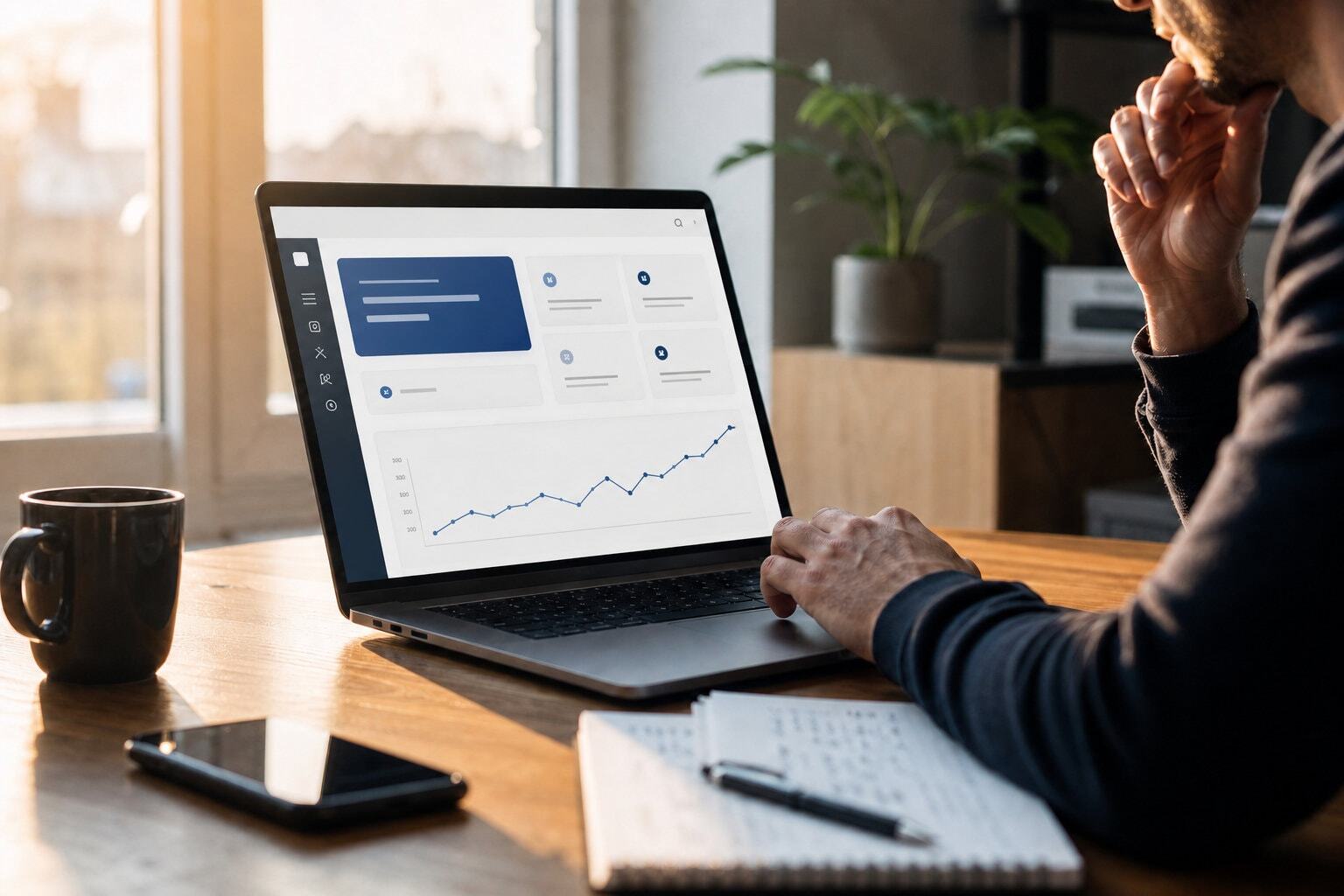 Laptop with analytics data in modern office