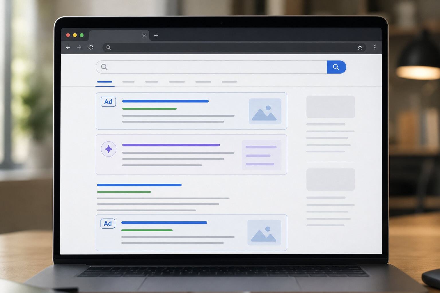Screen displaying the typical positions of AI snippets and Google Ads