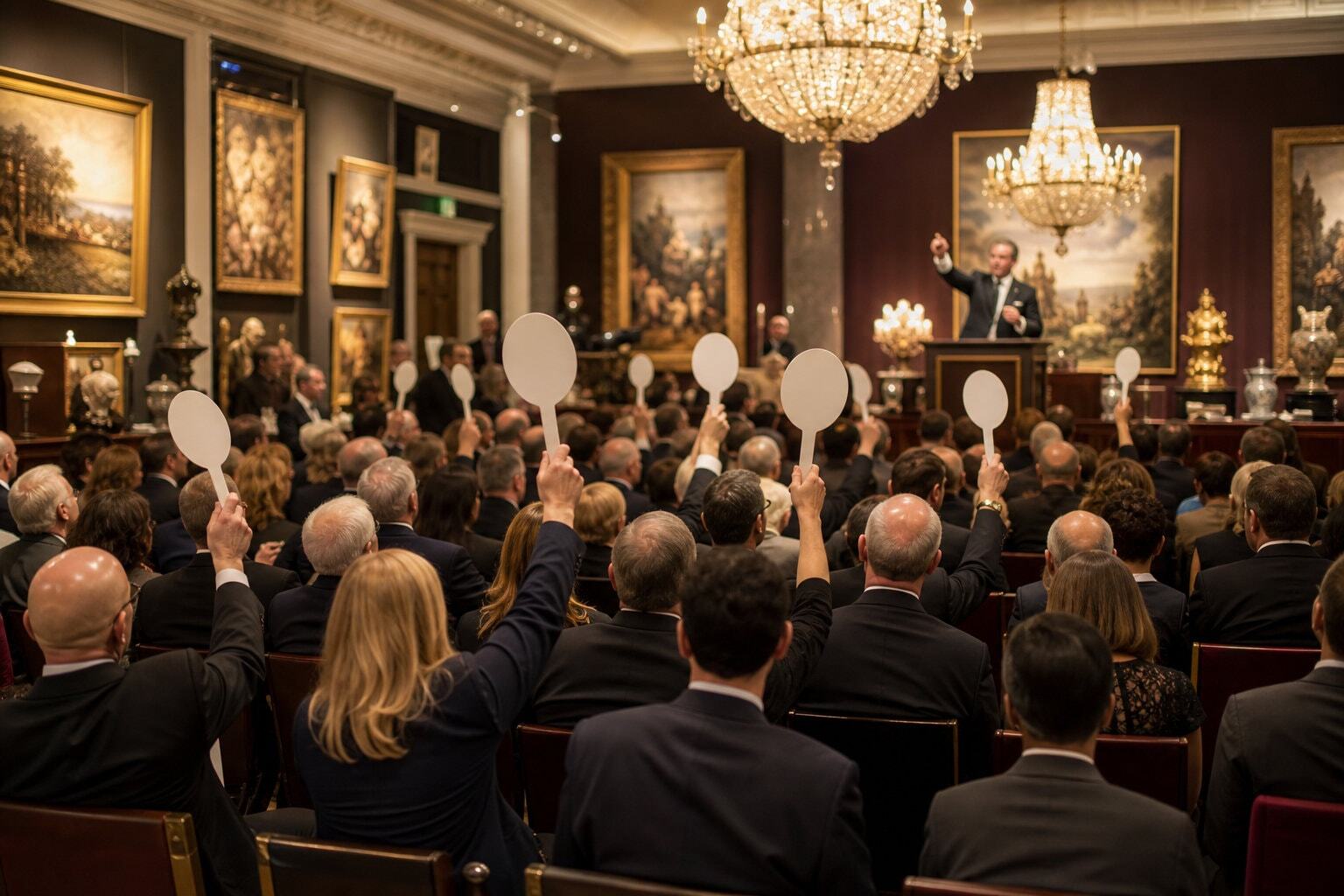 Busy auction house with multiple bidding paddles up