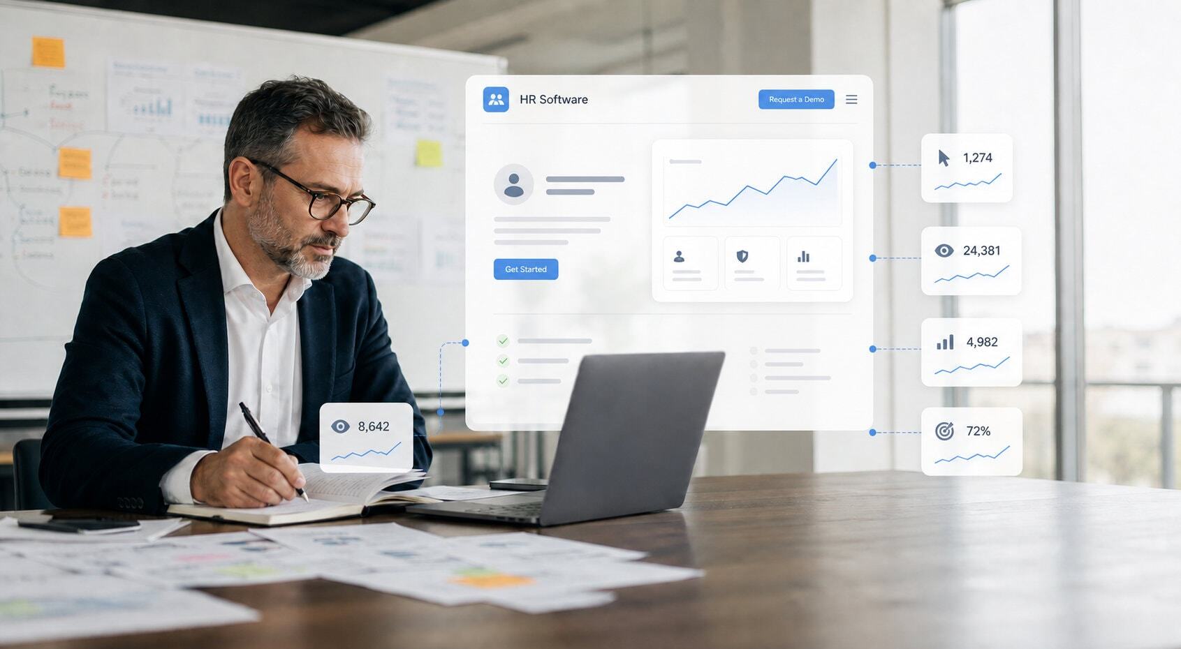 B2B HR looking at his software dashboard and data tracking metrics