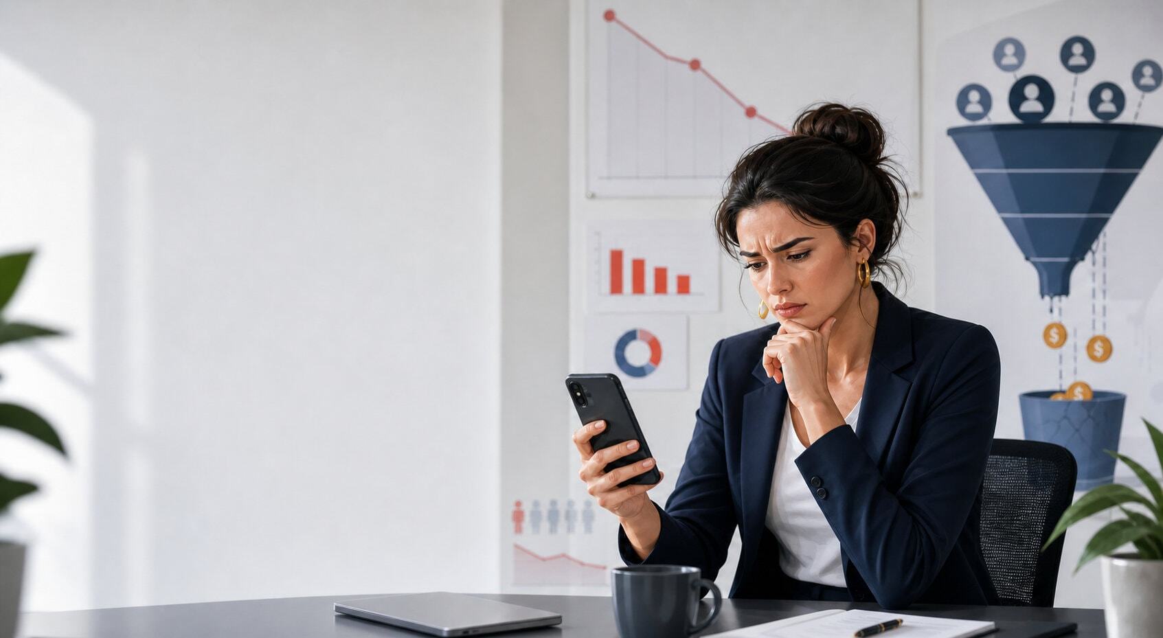 Woman looking at her phone with branded content waste analysis in background