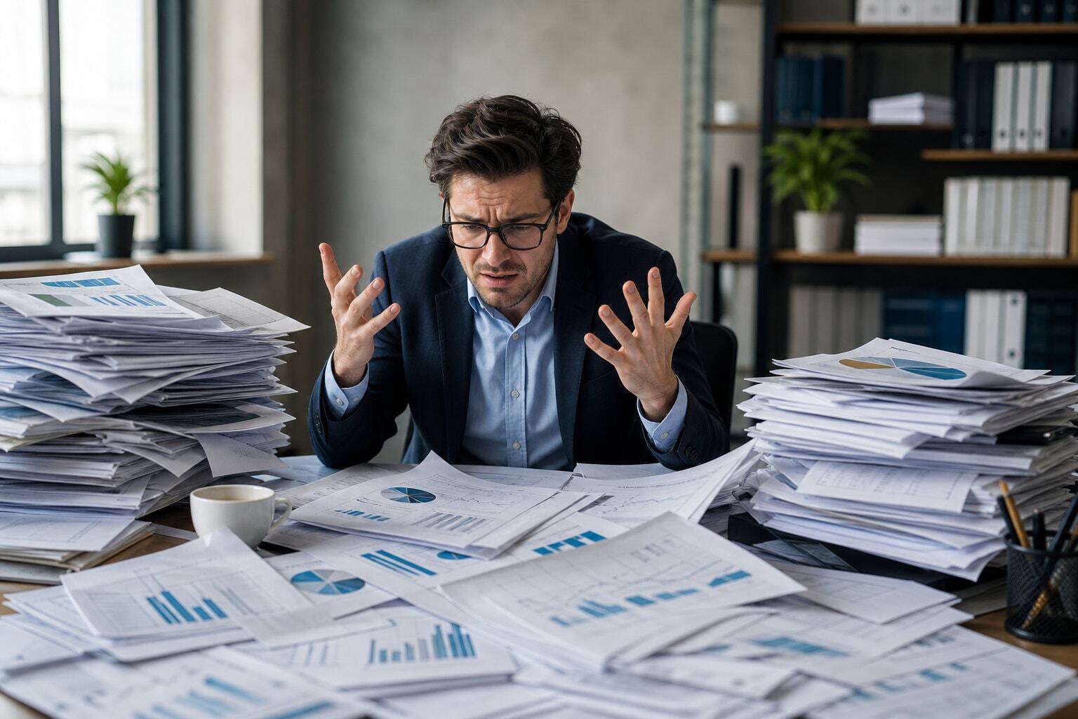 Stressed man sitting at desk covered in paperwork