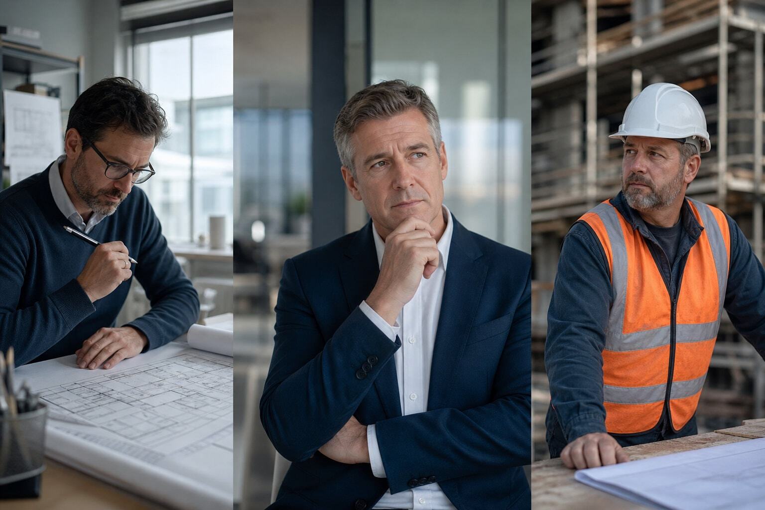 Business owner thinking with an architect on one side and contractor on the other