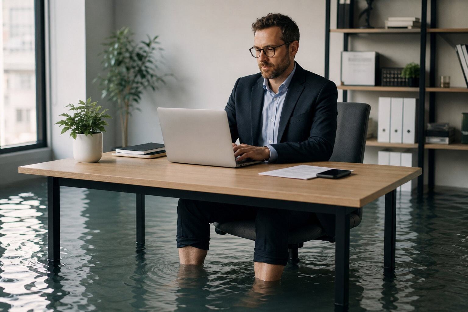 Business Professional sitting at his desk with his trousers rolled up in a flooded office