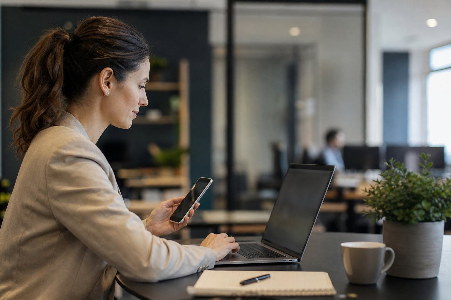 Woman in modern office working on her laptop