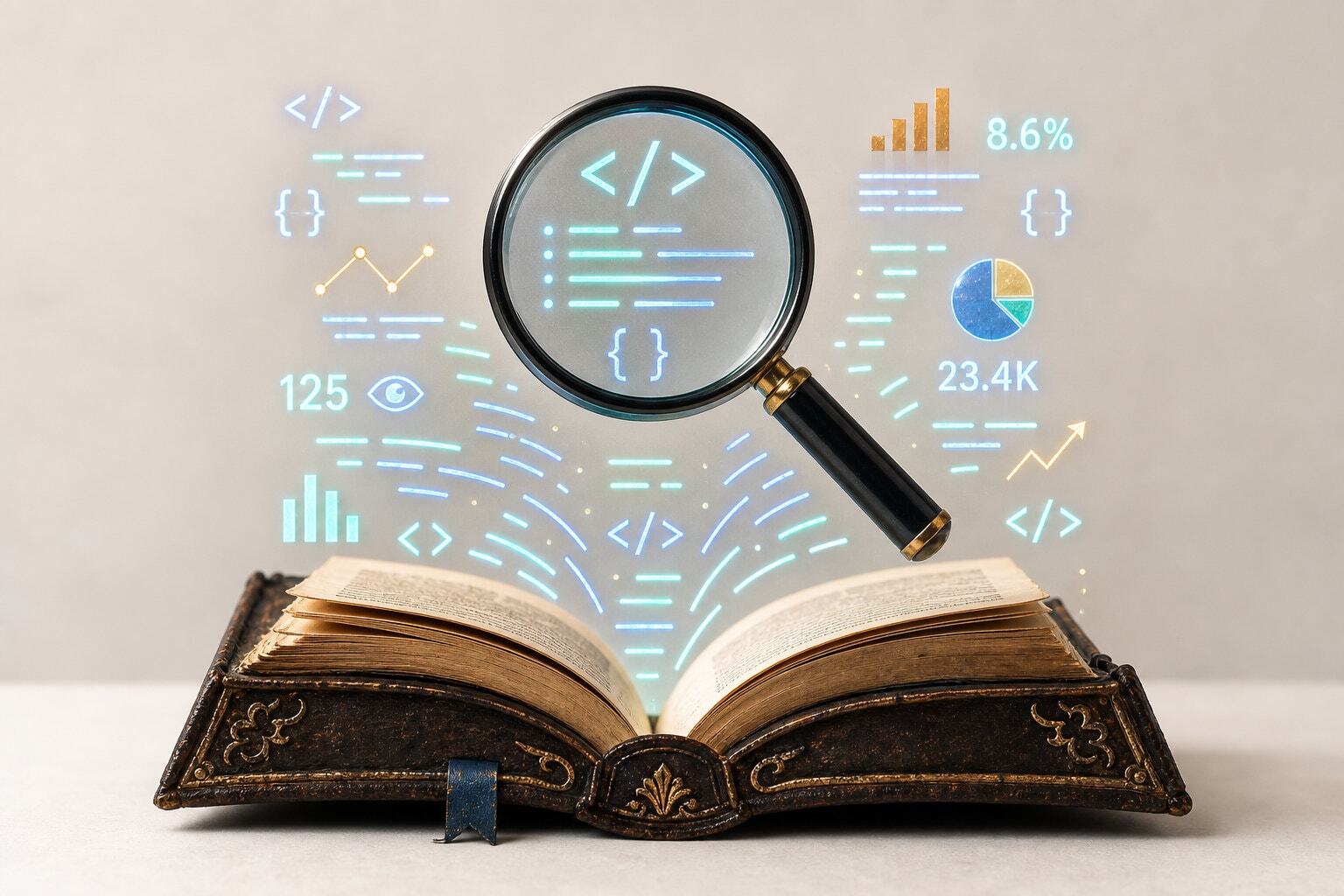 Book with neon code under a magnifying glass