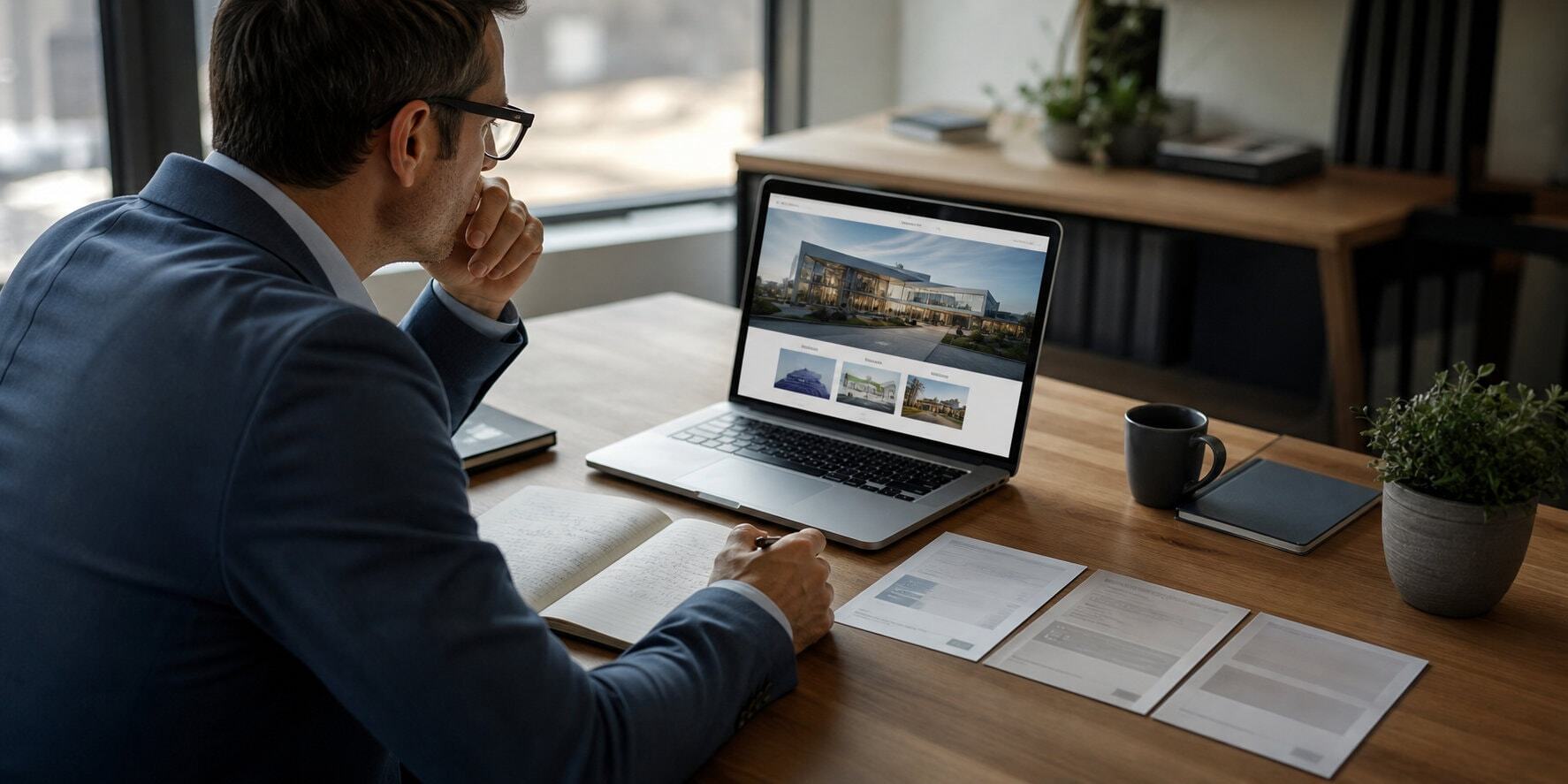 Business man using websites and search to gather data on competitors and potential partners or providers