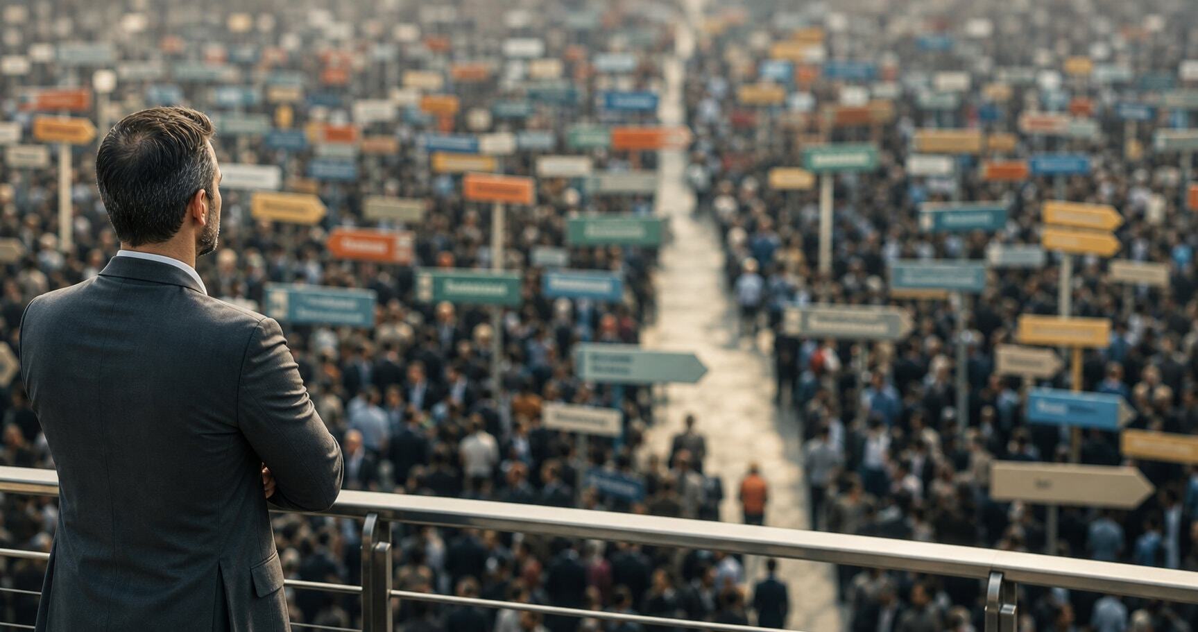Man overlooking a sea of advertisers from a balcony
