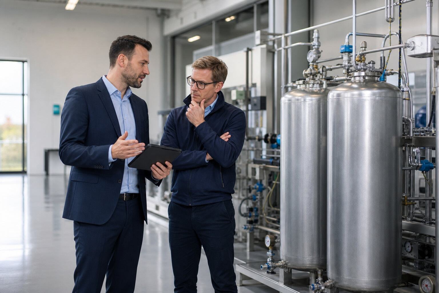 Consultant and businessman in discussion in front of hydrogen tanks