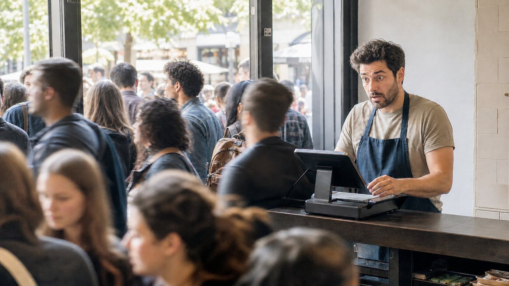 Bewildered shopkeeper at the till with a crowded shop were no-one is buying