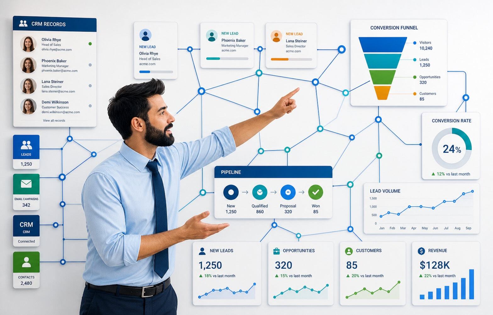 Person in front of large whiteboard covered with data visualisation, dot connection and graphs