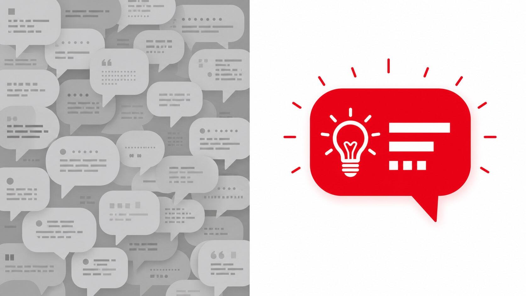 Chaotic marketing text and bold red lightbulb