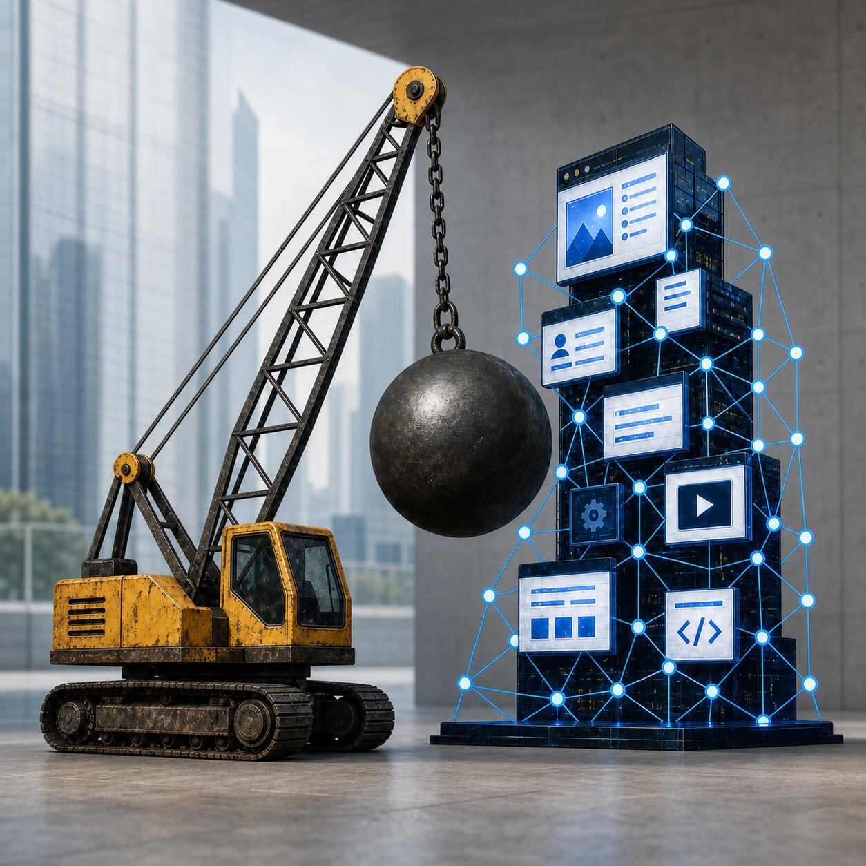 Digital web skyscraper colliding with wrecking ball