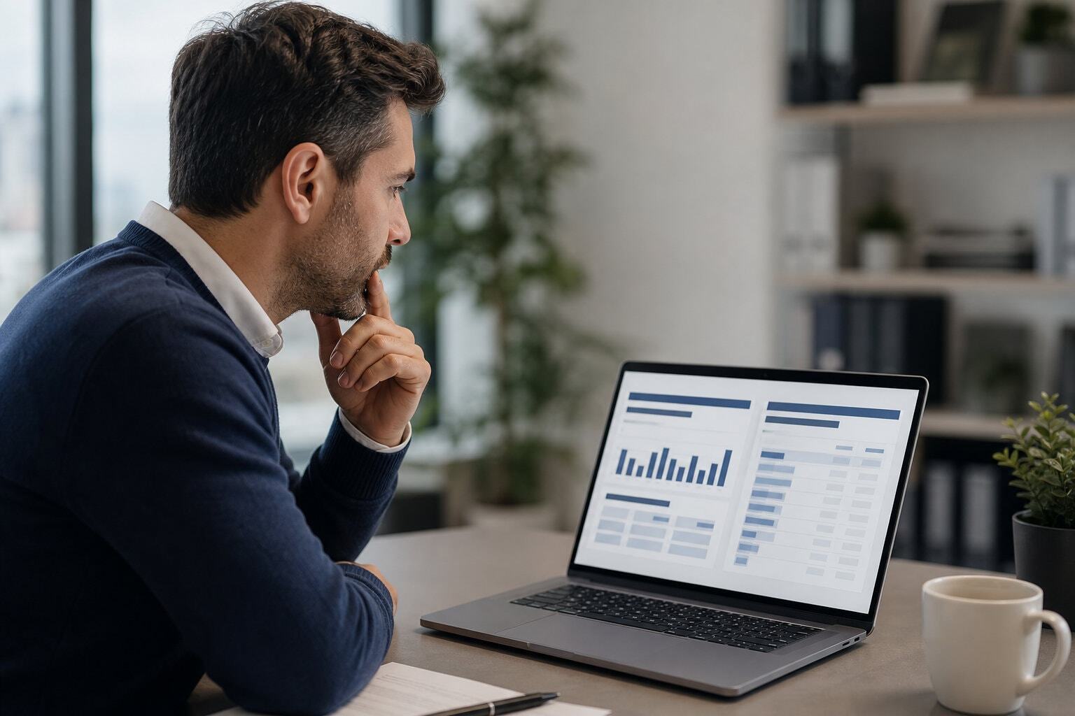 Man looking at search traffic analytics report on laptop