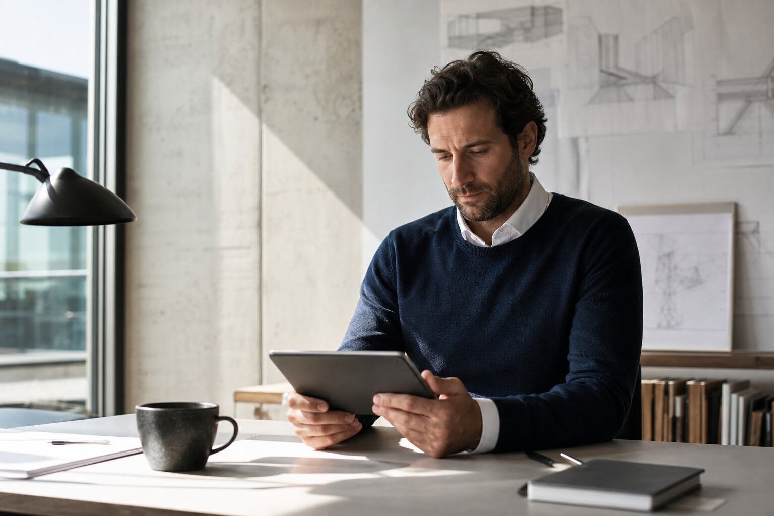 Engineer sitting at his desk in a clean, minimalist office looking at his iPad
