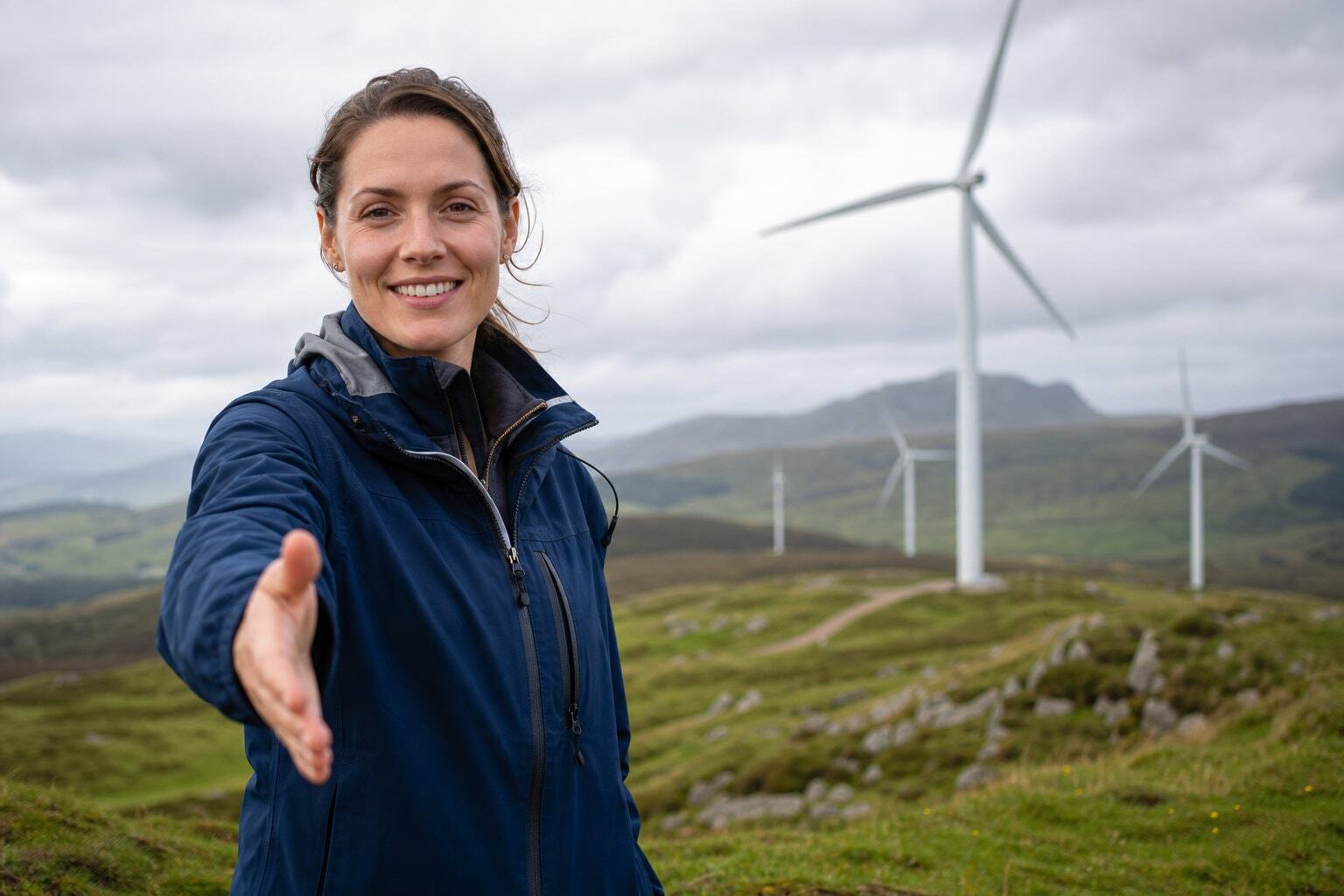 Engineer Shaking Viewers Hand at Windmill Site in Scotland