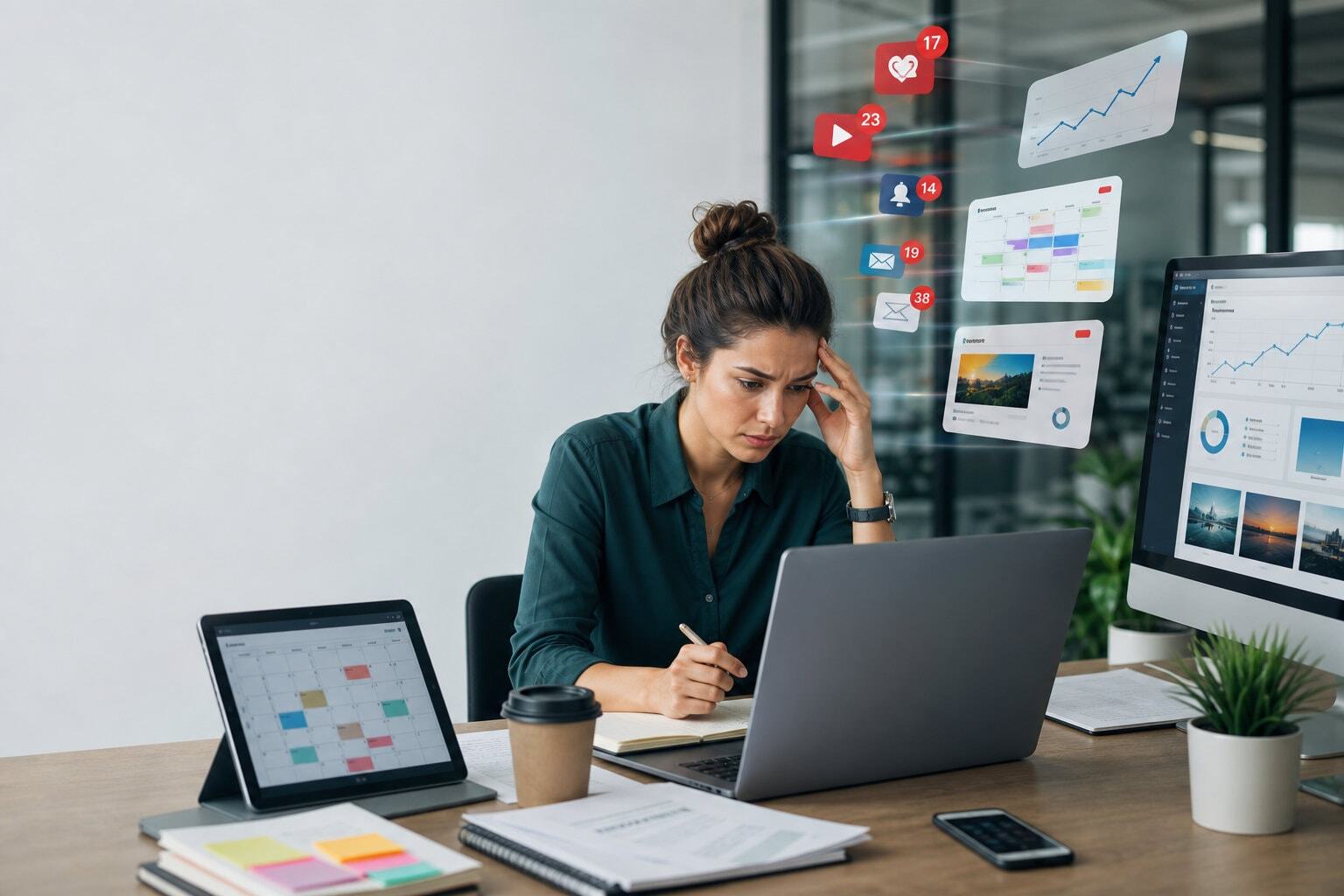 Business woman looking at her laptop worrying she is missing out on the recent digital marketing trends.