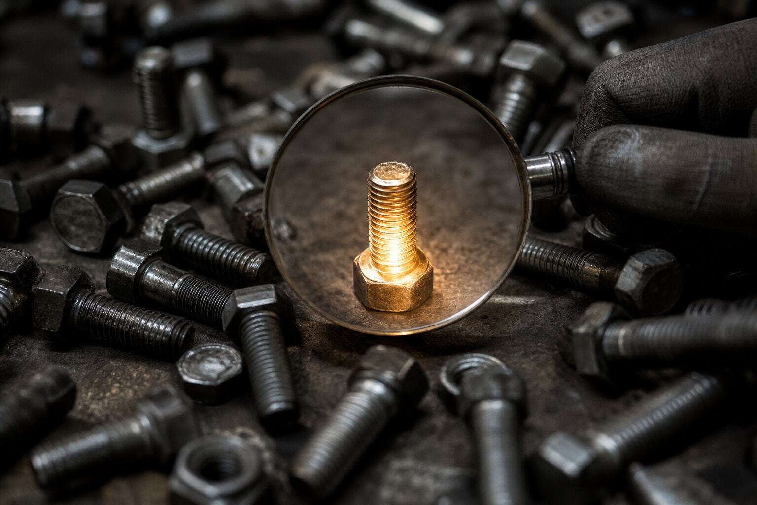 Glowing bolt under a magnifying glass on a cluttered workbench