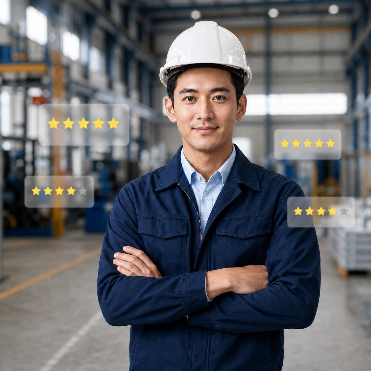 Friendly Engineer with Hard Hat in Industrial Setting