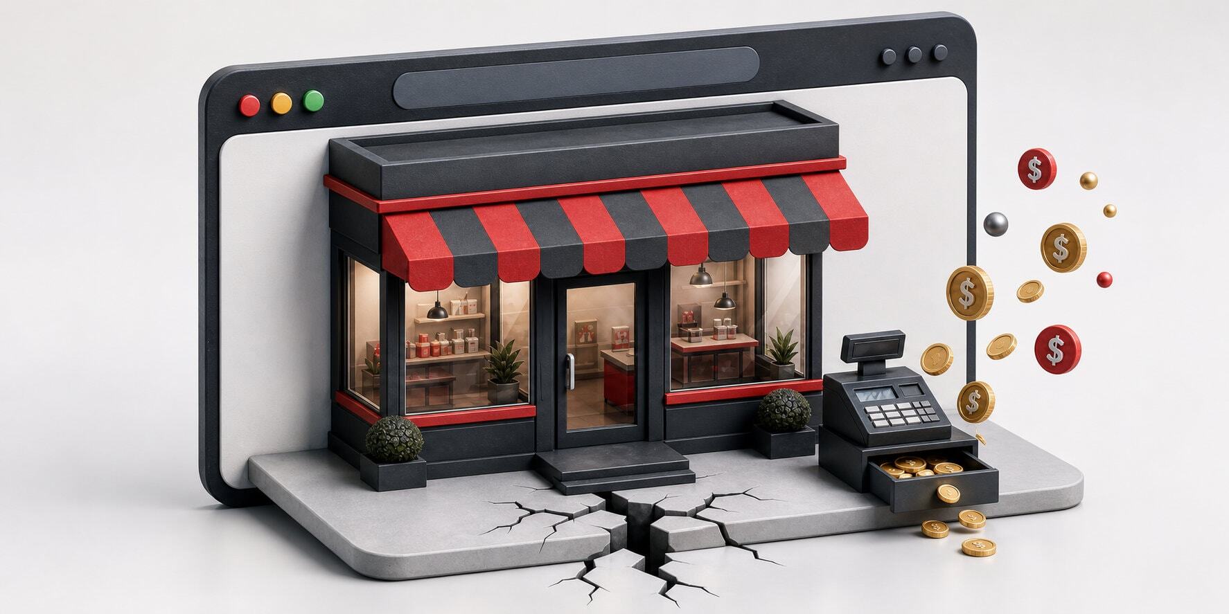 Money slipping through a crack in front of a storefront