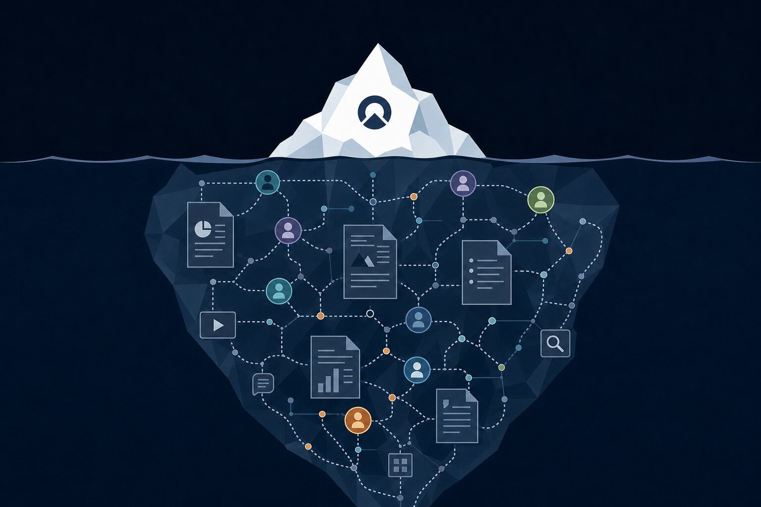 Iceberg with corporate logo in dark sea with network of content underneath