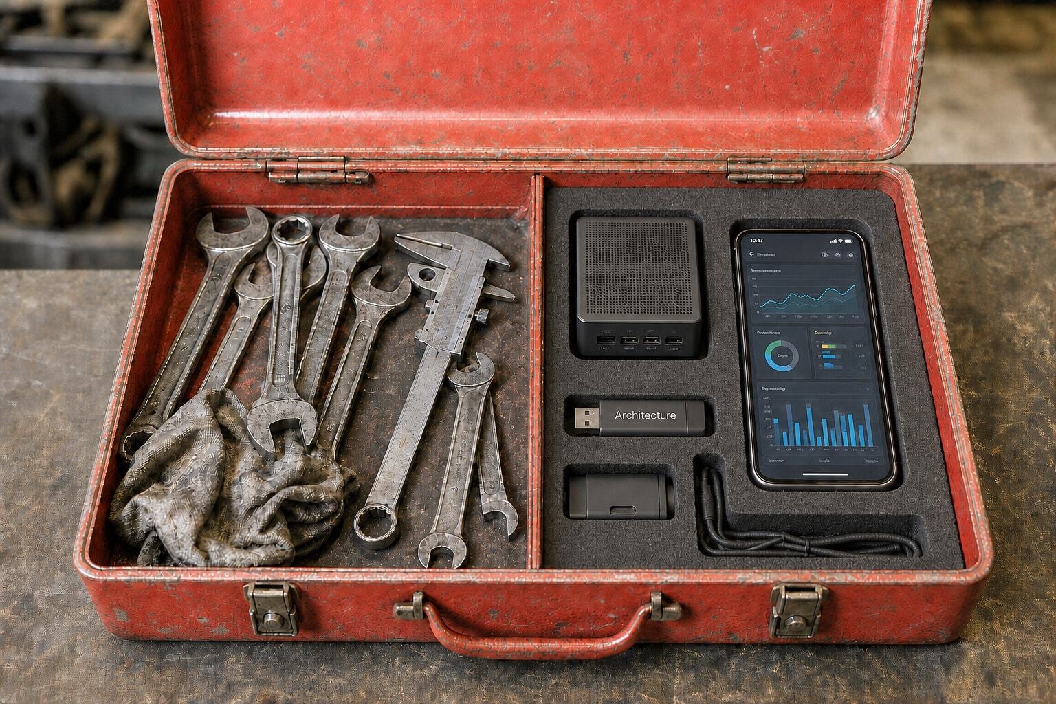 Classic old red toolbox with traditional tools in one side and technology in the other