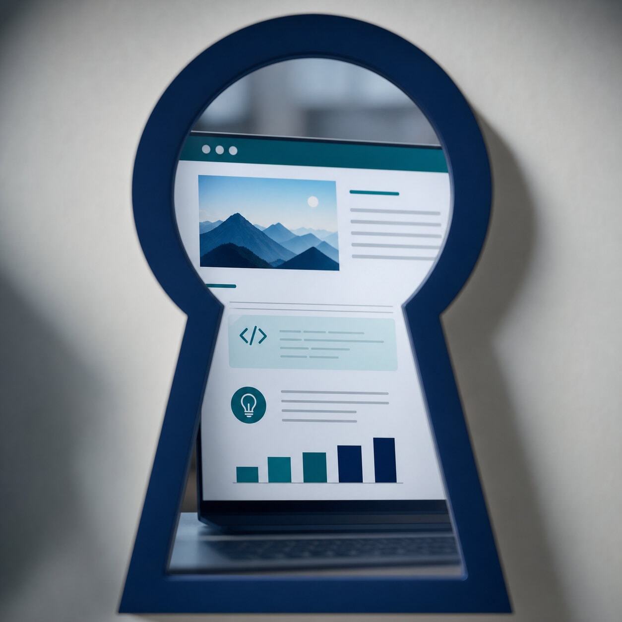 View through a keyhole revealing gated content on a digital screen