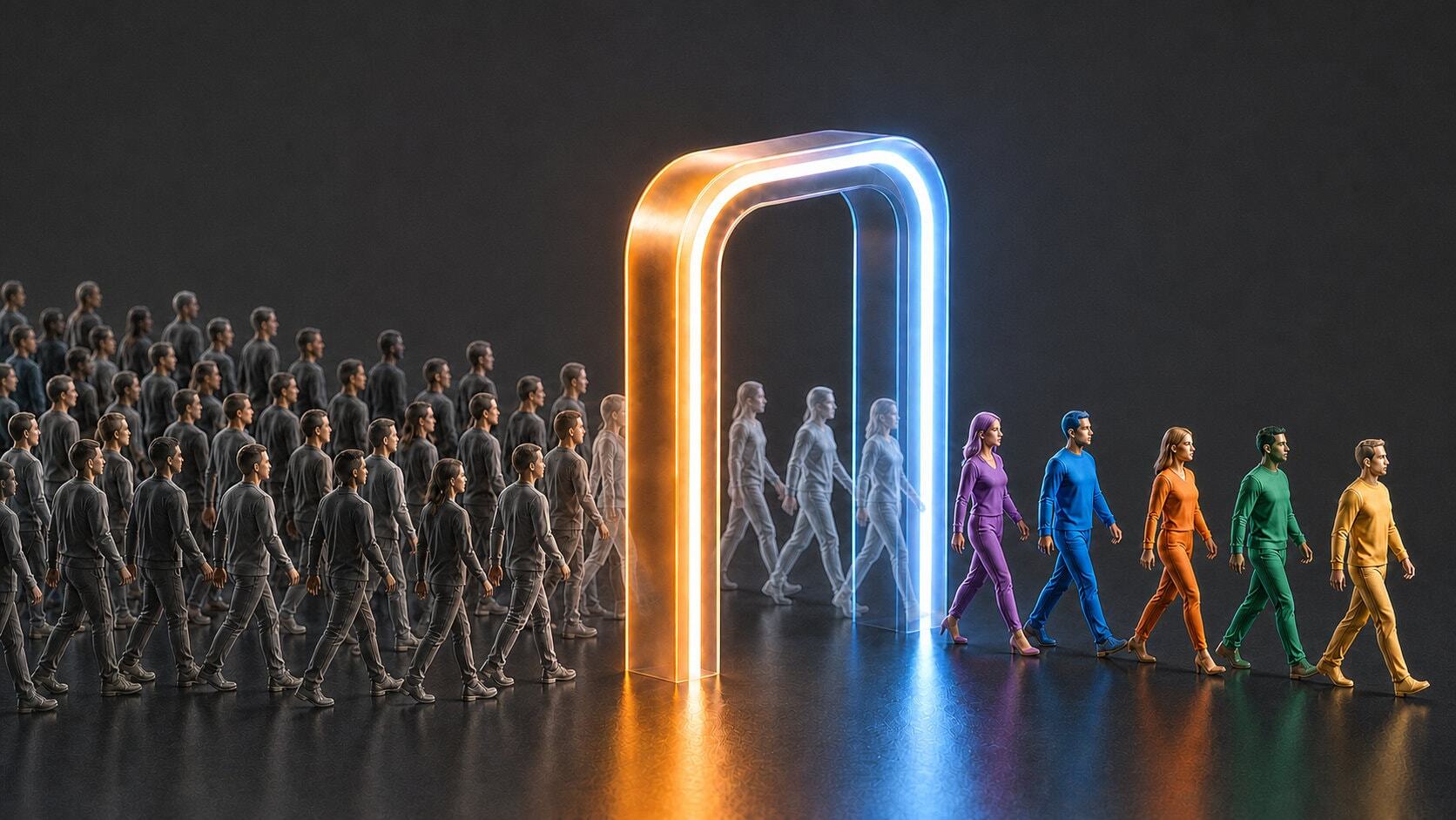 Loyal customers walking through a bright futuristic archway