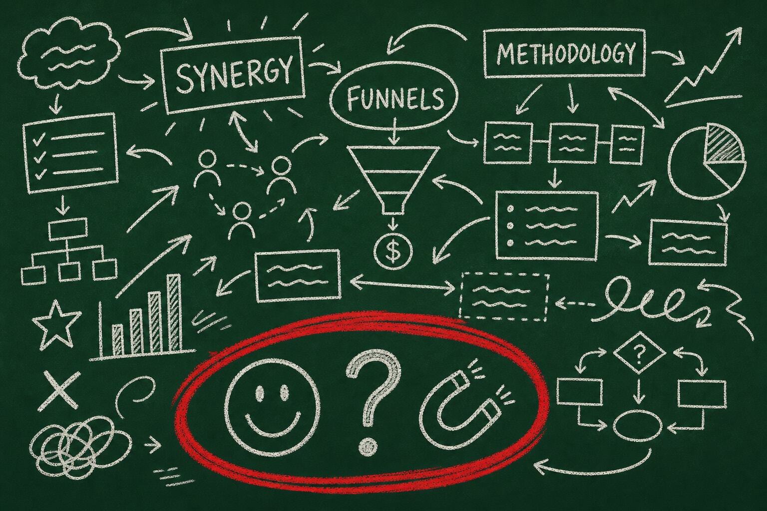 Messy chalkboard covered in marketing buzz words and drawings with a simple red crayon circle