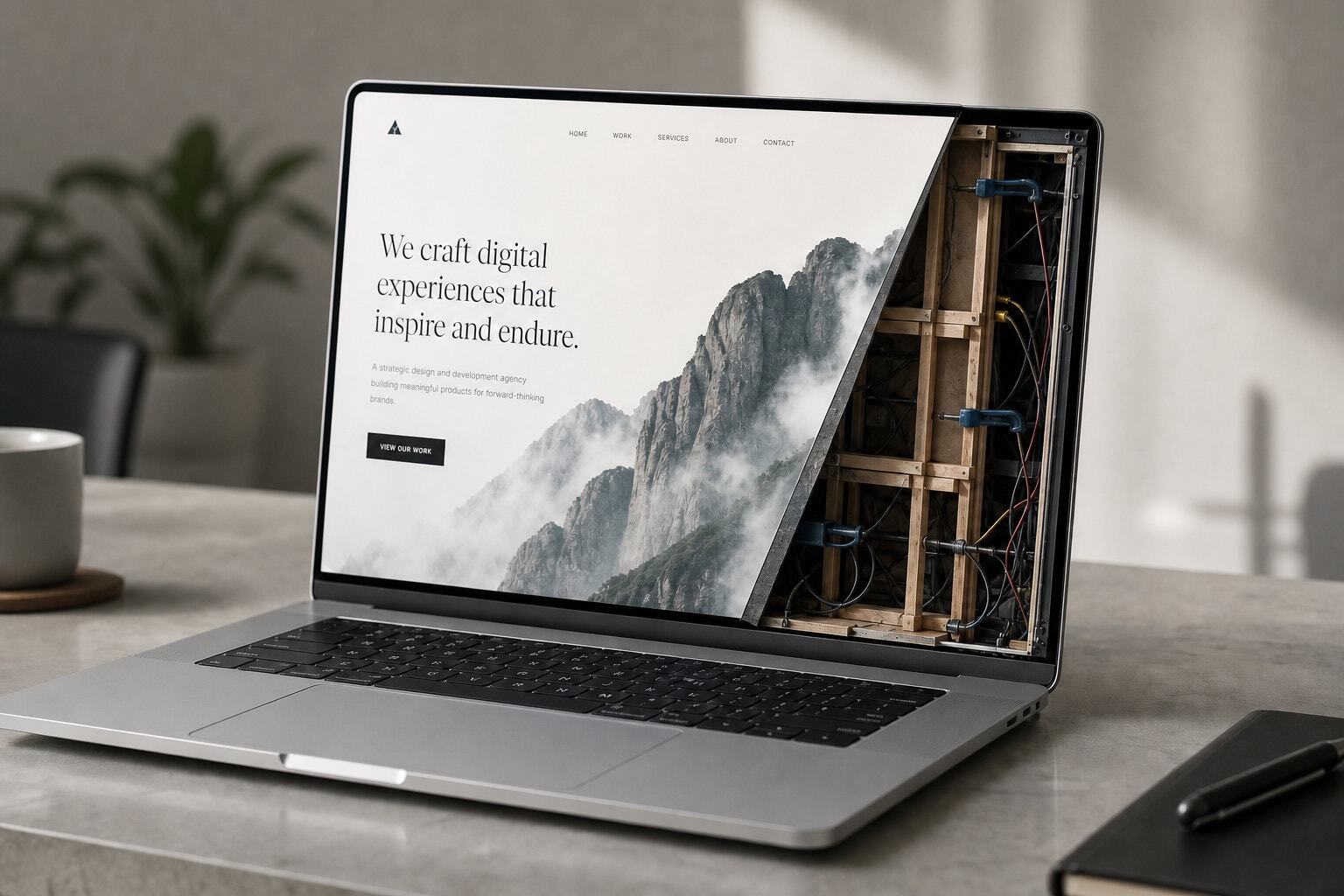 Sleek webpage on laptop with Hollywood set underneath