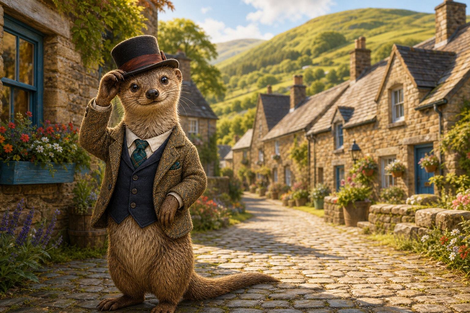 Mongoose tipping its hat in old traditional Scottish village on a sunny day