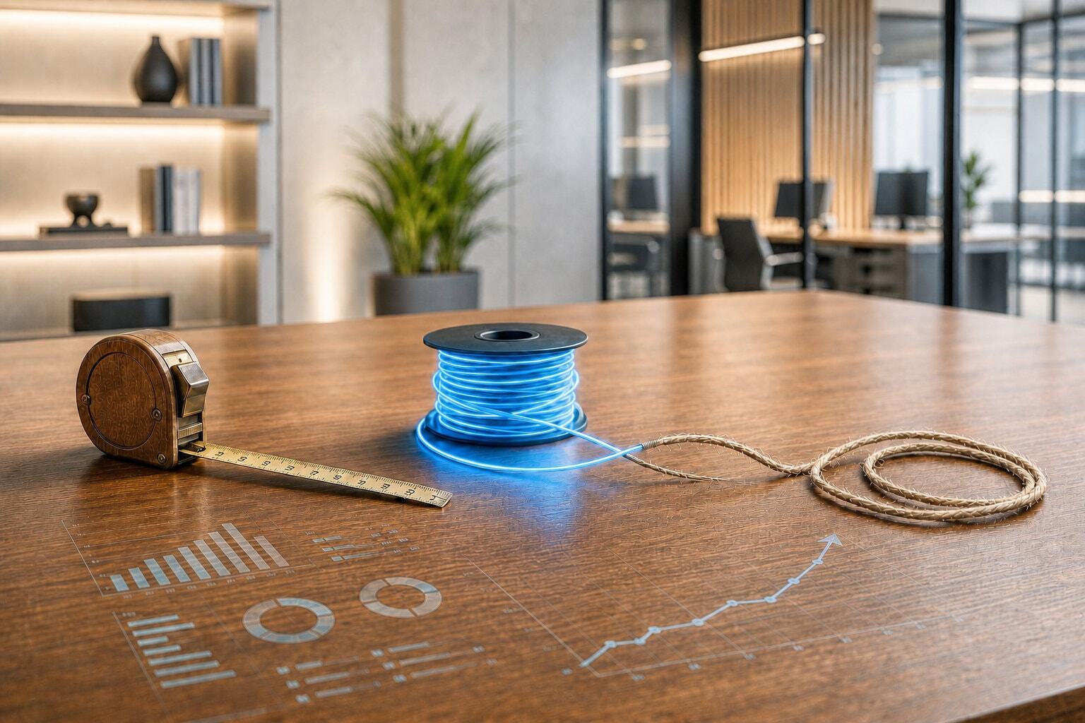 Neon blue cable on sleek office desk