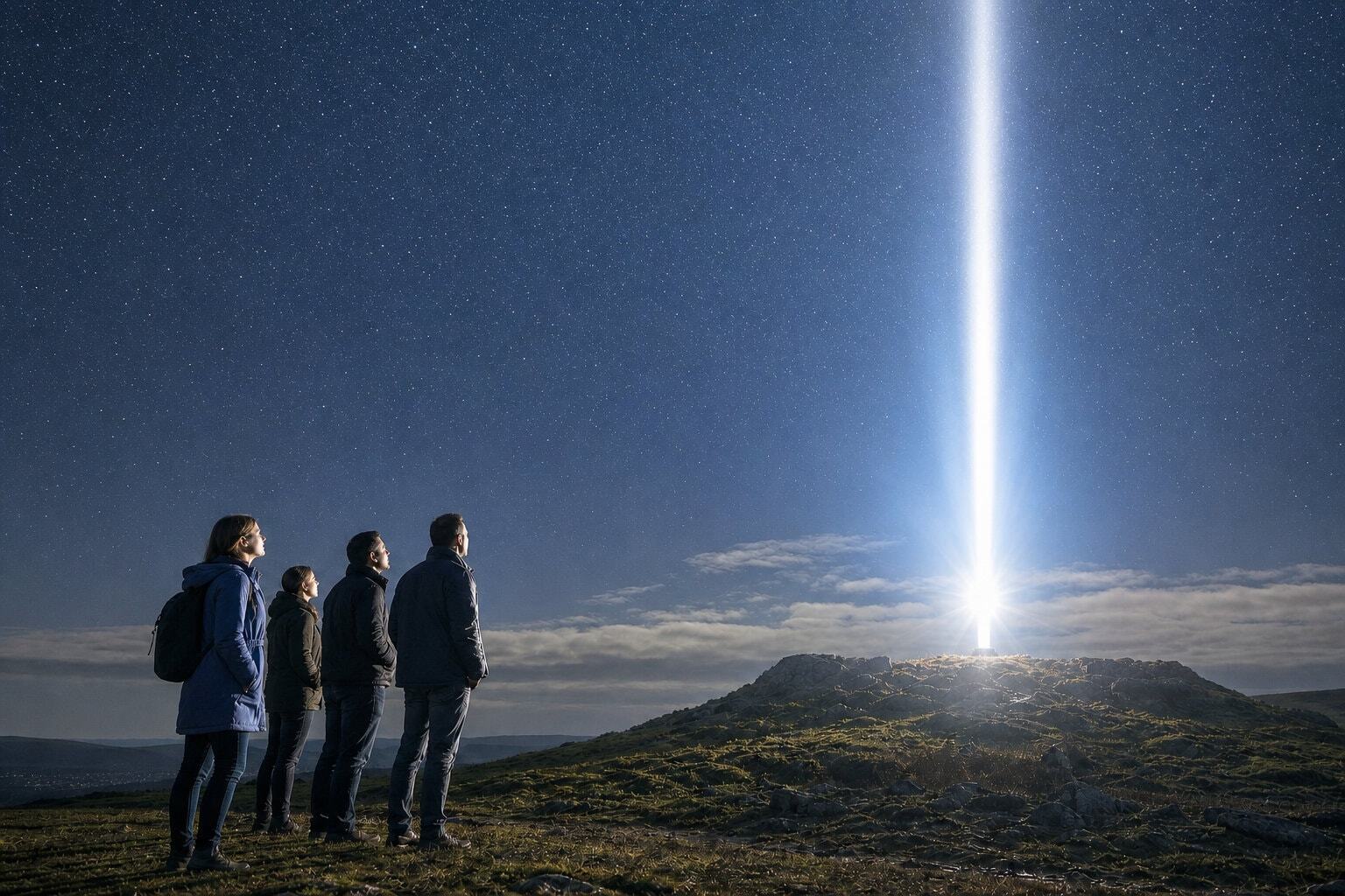 Night sky beacon with group in the dark