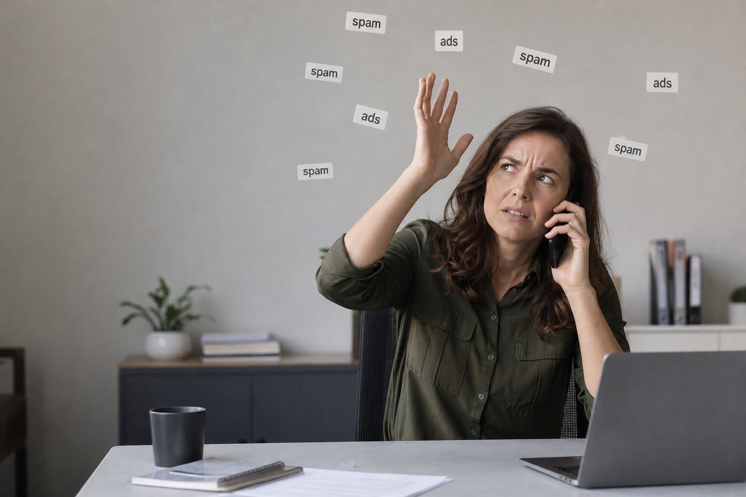 Person swatting spam and ads labels