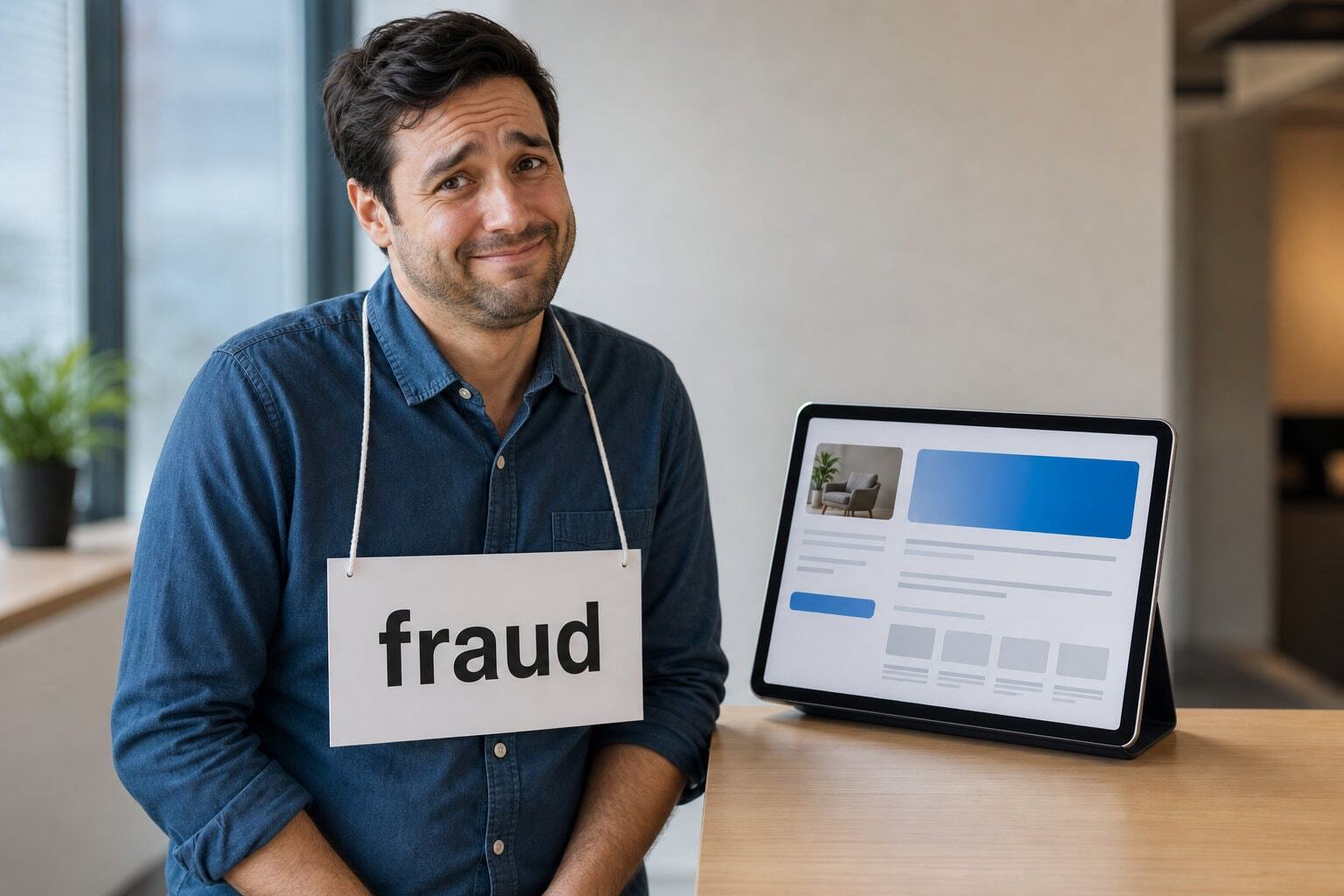 Man with fraud sign around his neck smiling at the camera in front of his screen