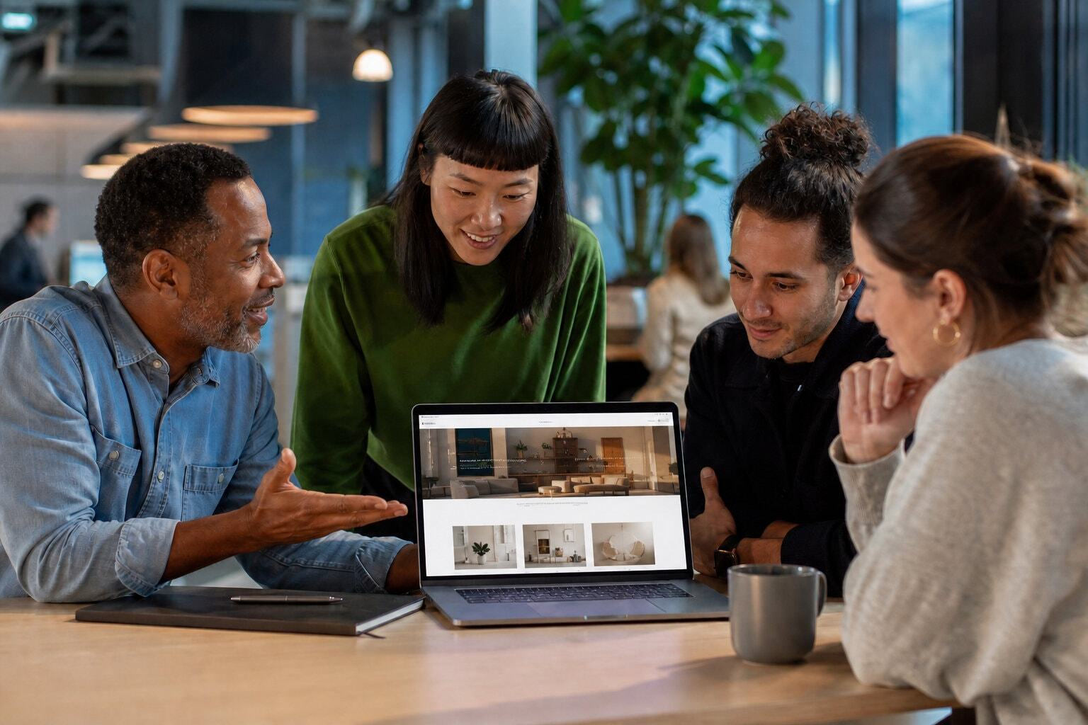 Creative team discussing webpage content