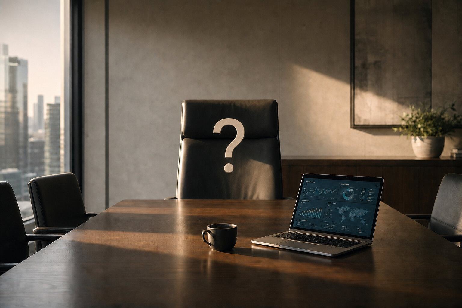 Questionmark highlighted on empty chair at head of sleek boardroom meeting table
