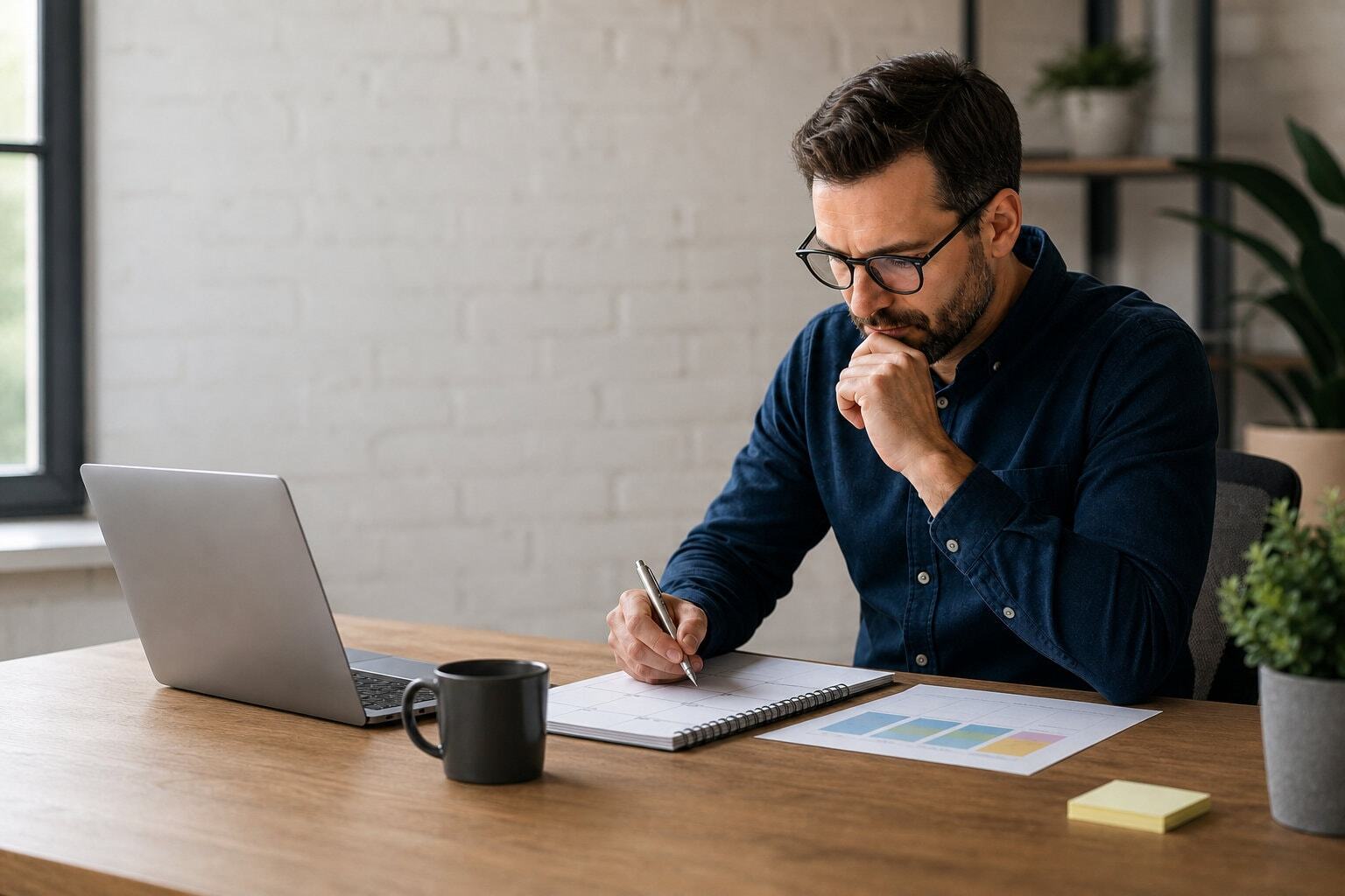 Man with glasses looking pensive in front of a laptop