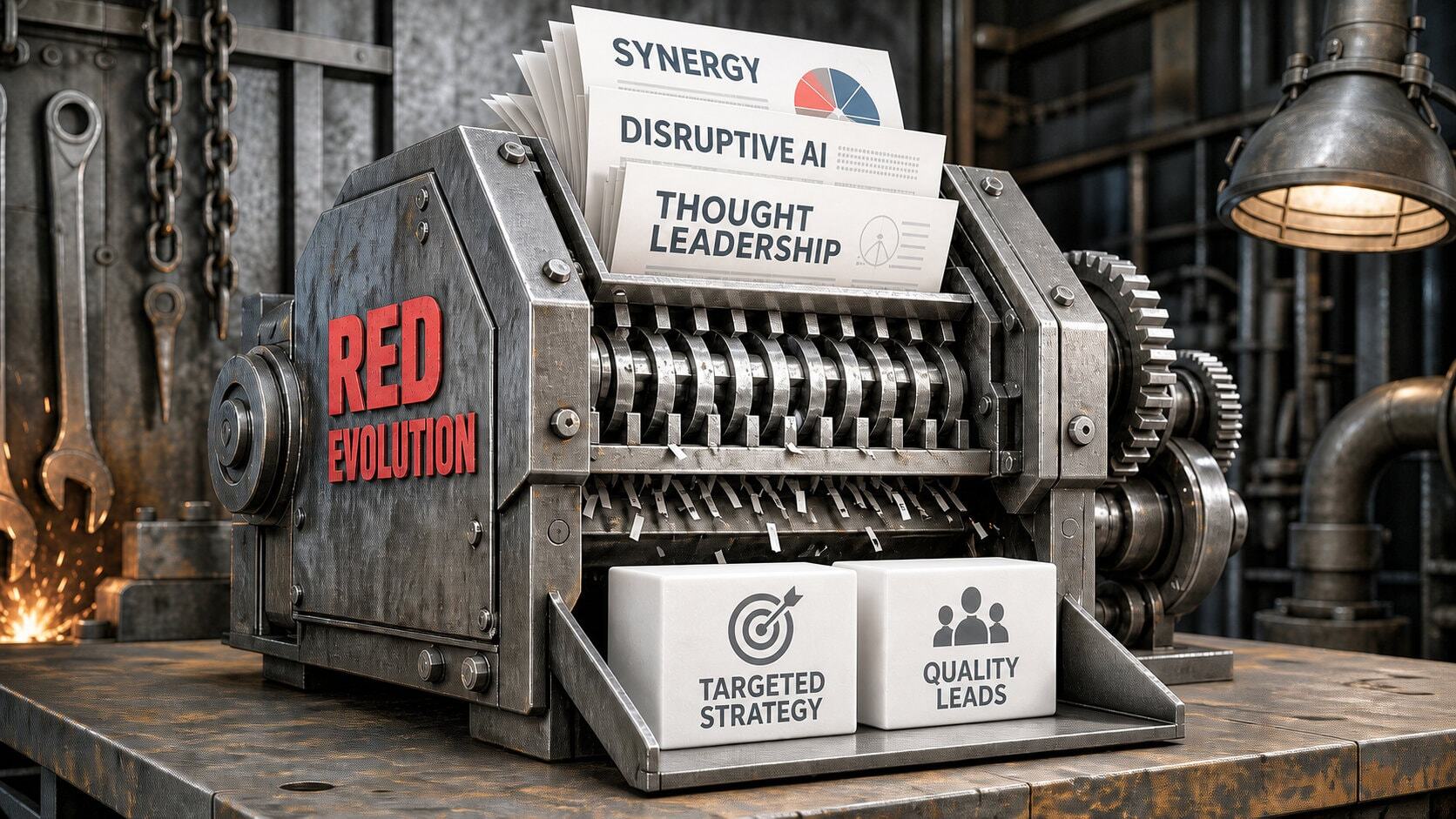 Red Evolution shredder with corporate documents and white blocks