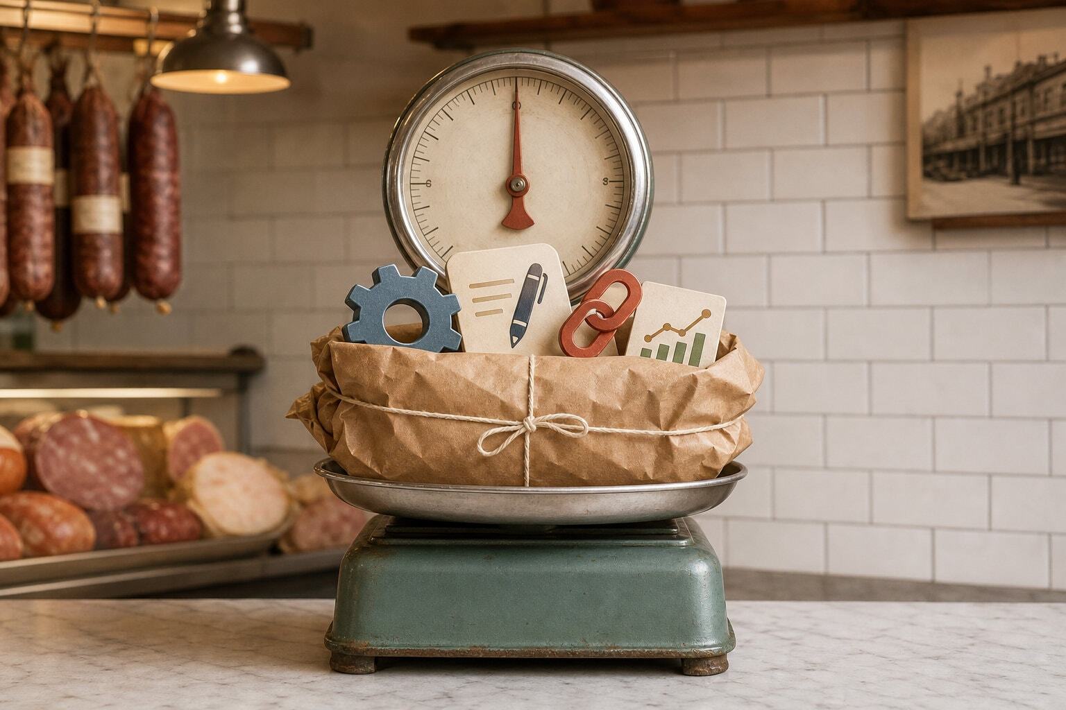 Retro deli scale weighing items symbolising digital marketing