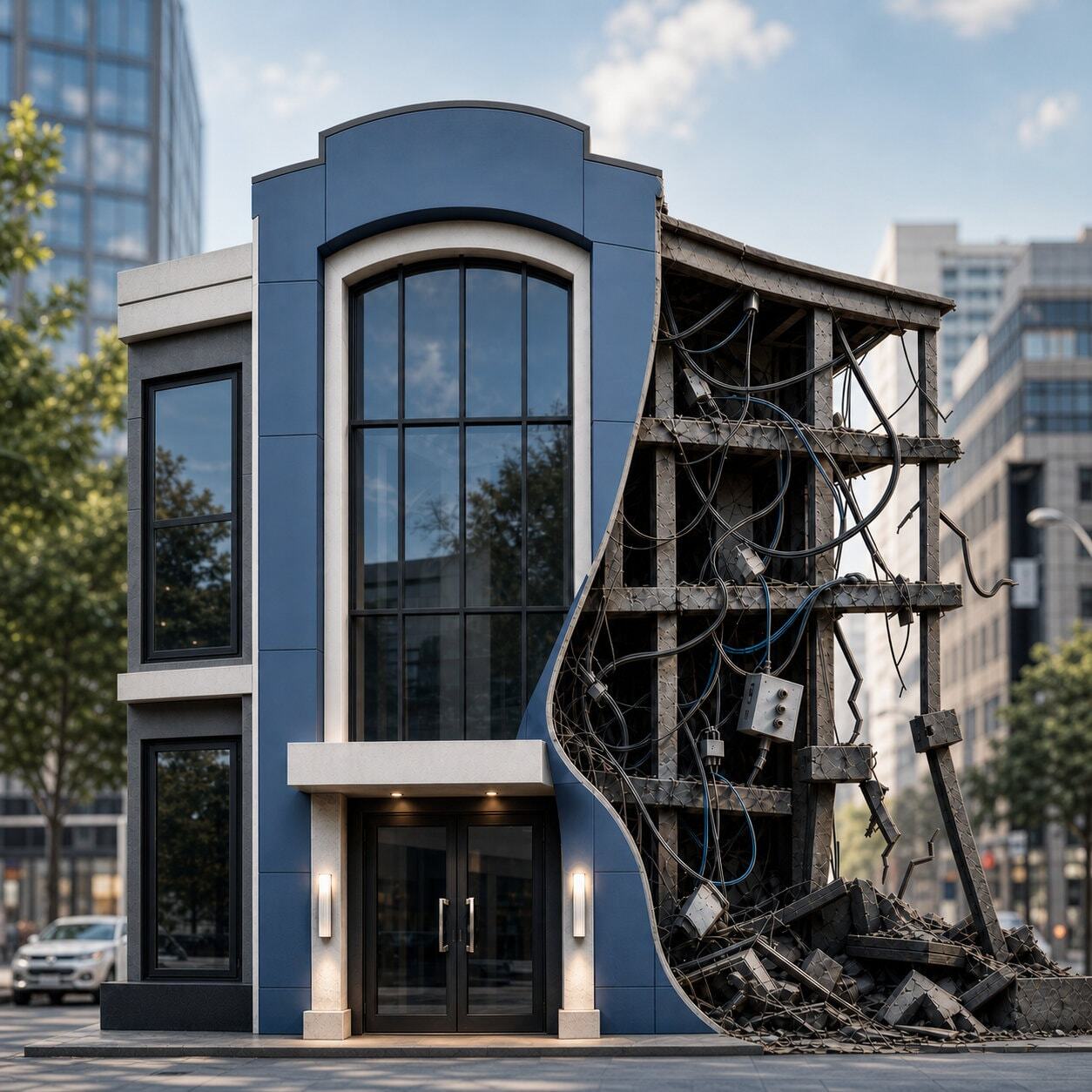 Shiny facade of a building hiding poor foundations